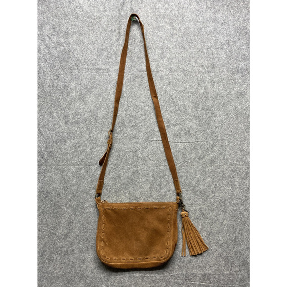 Minnetonka Crossbody Bag Womens Brown Suede Tassel Whipstitch Adjustable Purse - Picture 1 of 16